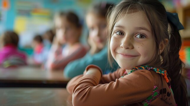 Cheerful young girl with pigtails smiling in a classroom, sitting at a desk, surrounded by classmates during a school day.