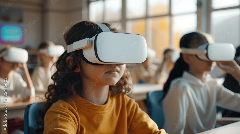 Poster diverse cute elementary student using visual reality goggles while learning about metaverse. group o