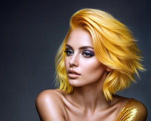 Fototapeta premium A bold and memorable decision to dye her hair a rich yellow color makes the girl's look bright and extraordinary
