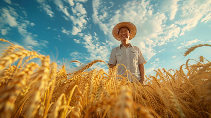 Asian farmer stands in a golden wheat field with a smile on his face,generative ai