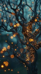 Tree with computer circuit branches. AI technologies with nature concept