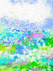 WHIMSICAL SPRING IN BLOOM - Impressionistic Digital Painting or Illustration of colorful flowers in Bloom in a Meadow with a Cloud Overhead - Art, Design, Artwork, Illustration, Painting 