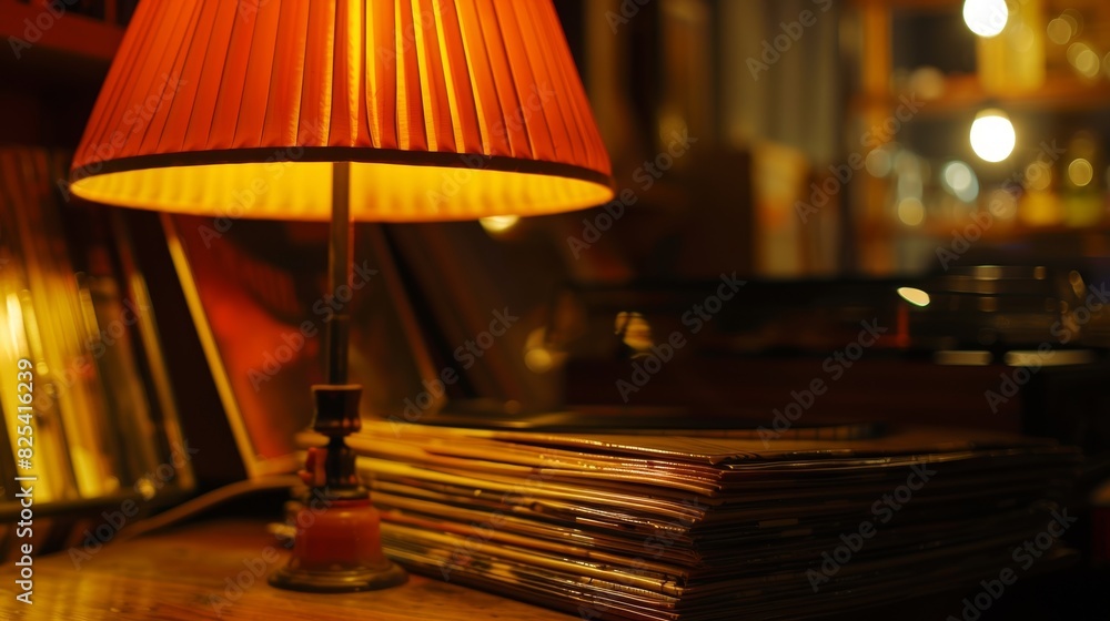 Poster the soft orange glow of a lamp illuminating a stack of vinyl records creating a cozy and intimate at