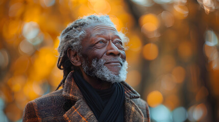 Portrait of a Smiling Senior Man with Grey Hair and Beard in Front of a Blurred Background of Fall Colors