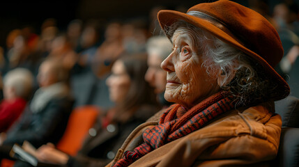 A close-up shot of a woman with grey hair wearing a brown hat and scarf, looking to the right, in a theater setting