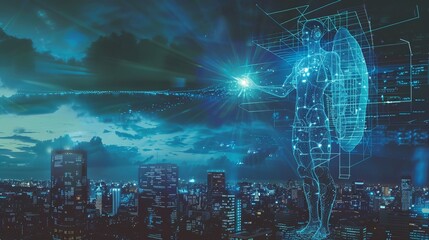 Virtual presence in the city: Hologram figure and city lights