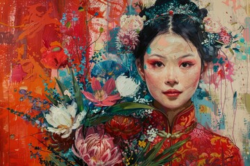 Artistic portrayal of an asian bride with vibrant flowers and red attire