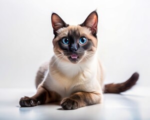 Siamese breed cat sitting isolated on white background looking at camera.