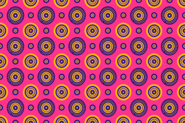 Playful seamless pattern with geometric circles in bright pink and yellow, perfect for fun and energetic decoration and ornamental tile designs
