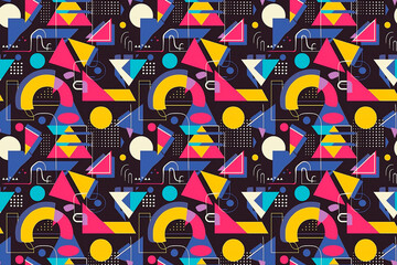 Obraz premium Bold geometric seamless pattern with vibrant shapes and colors, including triangles, circles, and lines, creating a modern and abstract decoration tile