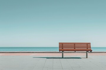 Obraz premium empty bench against the background of blue sky and sea. space for creative text
