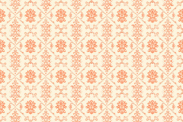 Elegant seamless pattern with a vintage damask motif in soft orange and beige tones, ideal for classic decoration and ornamental tile design