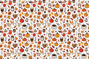 Autumn seamless pattern with seasonal elements like pumpkins, coffee cups, and leaves in warm orange, red, and brown tones, perfect for fall-themed decoration and tile designs