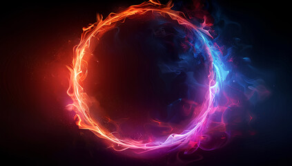 Abstract neon energy sphere of particles and waves of magical glowing on a dark background, circle and loop frames with magic purple and pink flame and sparks