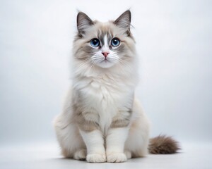 Ragdoll breed cat sitting isolated on white background looking at camera.