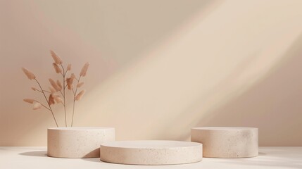Three Minimalist Beige Toned Round Podiums for Product Presentation on Empty Background. Ideal for E-commerce and Advertising Displays, Showcasing Minimalist Style and Elegance.