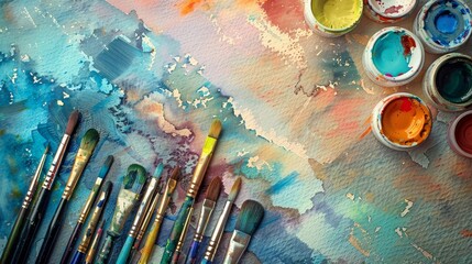 Obraz premium A colorful array of watercolor paints and brushes laid out on a textured paper, ready for an artistic session.