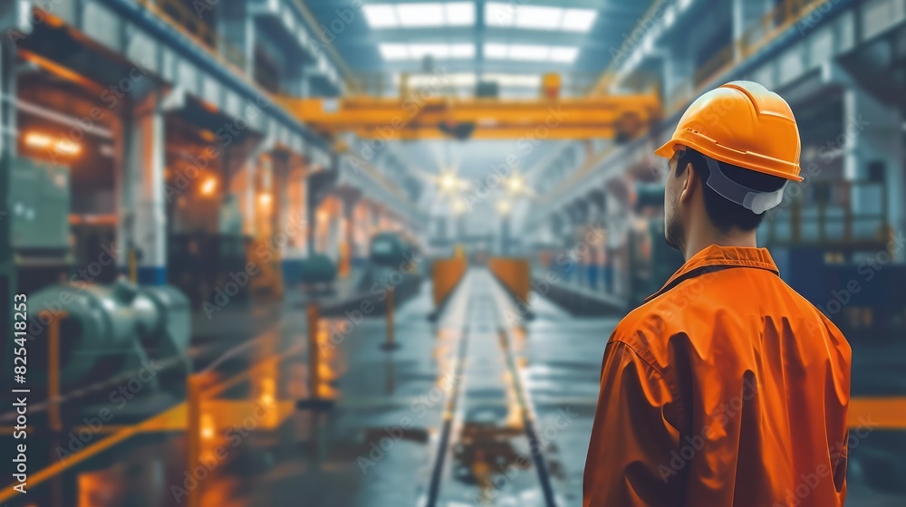 Poster smart civil engineer with safety helmet looking at production line while standing in front of factor