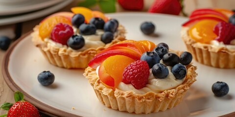 Fresh fruits tarts with fresh fruit and cream cheeses. Strawberry, blueberry, raspberry, apricot