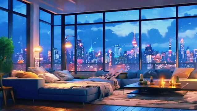 A modern loft-style living room with large windows showcasing a rainy cityscape. Inside, cozy lighting and soft music create a warm, inviting atmosphere despite the rain outside, anime-style chill hip