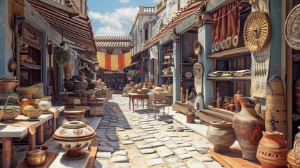 A detailed reconstruction of a Roman marketplace with artifacts like coins, pottery, and tools on display.