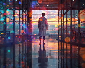 Scientist, lab coat, pushing boundaries of science and ethics, exploring how extended lifespans alter societal norms and values 3D render, Backlights, Chromatic Aberration