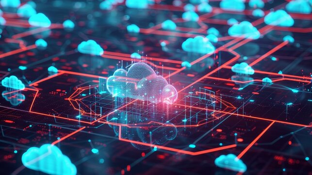 A digital illustration of a cloud computing network diagram with connections to various cloud services and data centers.