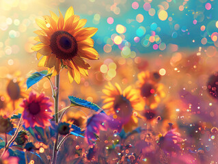 Vibrant Sunflowers, swirling petals, blooming in a dreamlike meadow, under a kaleidoscope sky Illustration, backlights, depth of field bokeh effect