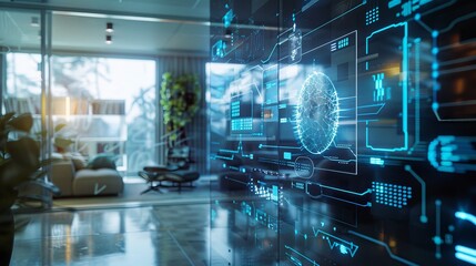 A futuristic holographic display of a network diagram in a high-tech office, showcasing advanced networking technologies.