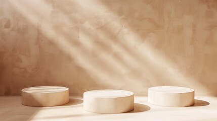 Fototapeta premium Three Minimalist Beige Toned Round Podiums for Product Presentation on Empty Background. Ideal for E-commerce and Advertising Displays, Showcasing Minimalist Style and Elegance.