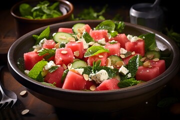 Fresh watermelon and feta salad with arugula and mint.