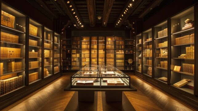 A private viewing in a museum with rare manuscripts and books under controlled lighting, accessible by appointment only.