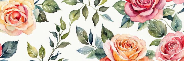 Watercolor roses on a white background. Banner.