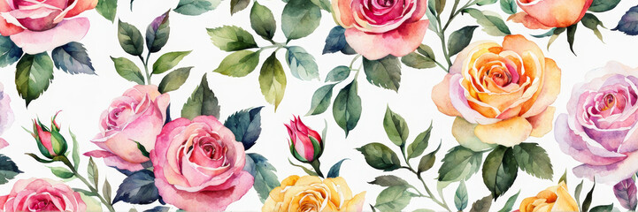 Watercolor roses on a white background. Banner.