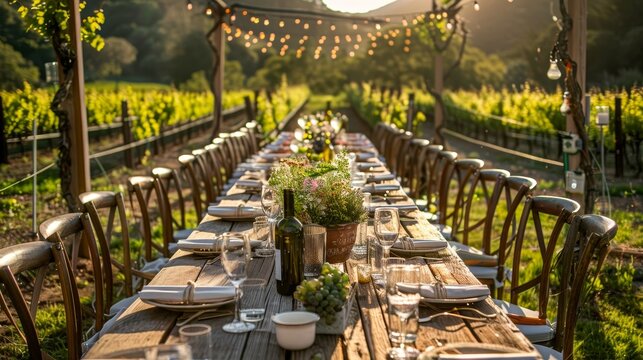 A rustic outdoor setting at a vineyard with a long table set for a wine tasting dinner among the grapevines.