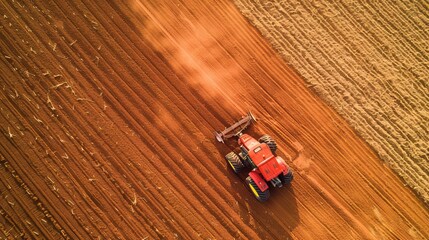 Obraz premium An aerial view of a large agricultural field being plowed by a tractor, demonstrating soil preparation and planting tools.