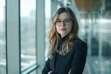 Portrait of a confident businesswoman with glasses, professional suit, standing in a modern office with glass walls, soft natural light