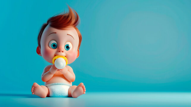 Imagen 3D de un beb&eacute; con chupete y pa&ntilde;ales