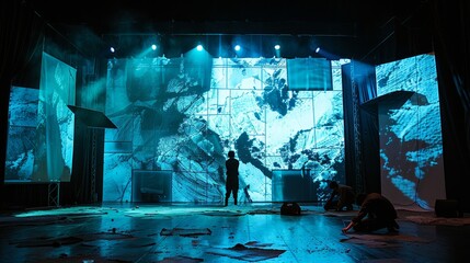 An avant-garde theatre production with abstract set pieces and innovative lighting, creating a surreal atmosphere.