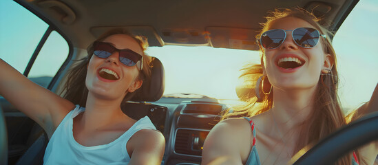 Two young women sing and dance in the car on a summer day trip, enjoying the countryside and the company of their best friends, creating happy memories.