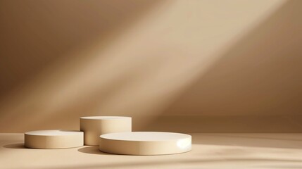 Three Minimalist Beige Toned Round Podiums for Product Presentation on Empty Background. Ideal for E-commerce and Advertising Displays, Showcasing Minimalist Style and Elegance.