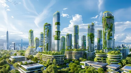 Obraz premium Futuristic city skyline with eco-friendly skyscrapers featuring green roofs and solar panels, showcasing sustainable urban planning.