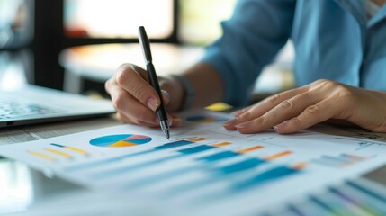 A business analyst reviewing a printed report filled with charts and graphs, analyzing company performance.