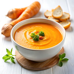 A bowl of carrot puree soup on the table against a background of vegetables.