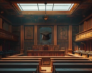 Formal Courtroom with Judge s Bench and Graduation Cap Signifying Legal Authority and Justice