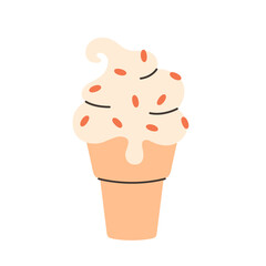 Vanilla ice cream in waffle cone. Summertime, summer dessert. Vector illustration in flat style