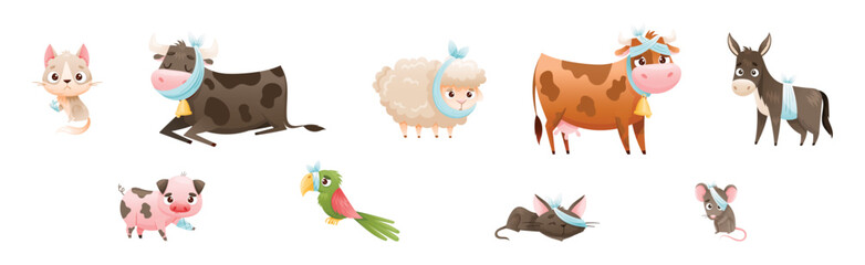 Sick Baby Animal with Bandage Injury Vector Set