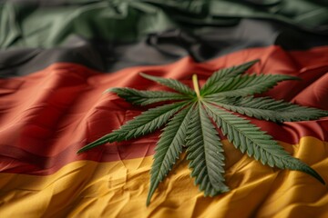 A single cannabis leaf lies on a Rasta-colored fabric, symbolizing culture, freedom, and natural...
