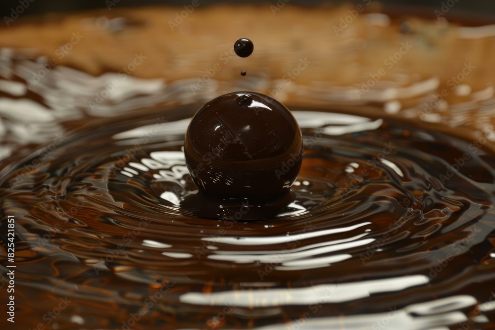 Poster closeup image of a single drop of chocolate creating ripples in a pool of liquid chocolate