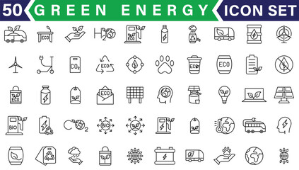 Set of green energy thin line icons. Icons for renewable energy, green technology. Design elements for you projects. Vector illustration